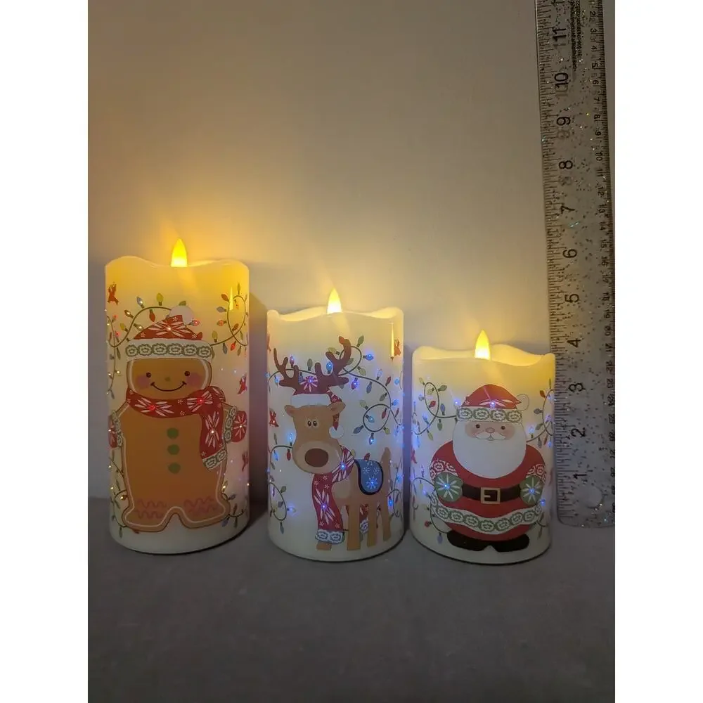 Temp-tations Set of 3 Christmas Flameless LED Wax Pillar Candles Santa Reindeer